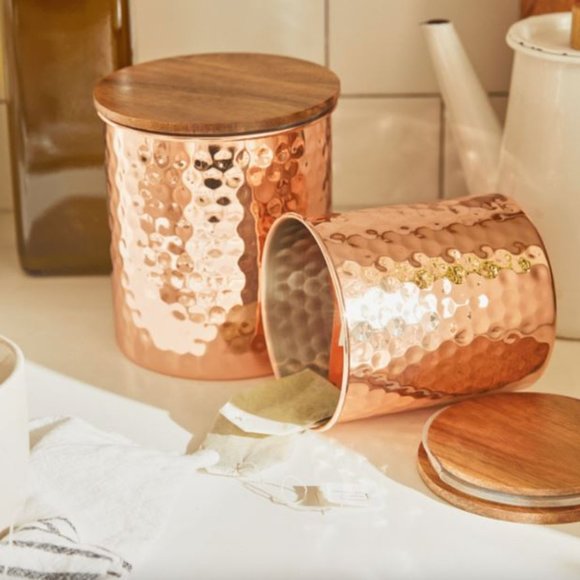 Uncommon James Set of 2 Copper Canisters Wooden Lid Storage Jar Industrail Decor - Picture 5 of 6